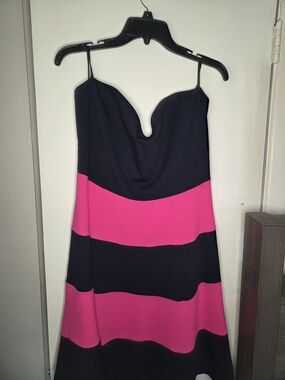 Elegant Strapless Black and Hot Pink Stripe Dress